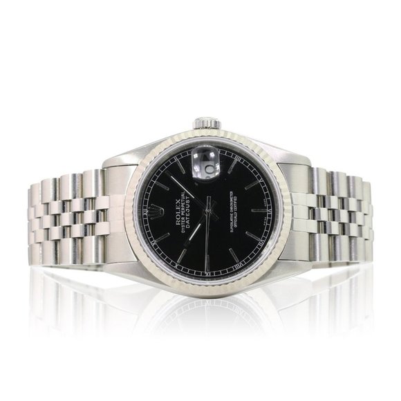 ROLEX DATEJUST BLACK INDEX DIAL 18KW FLUTED STAINLESS STEEL JUBILEE WATCH 16234